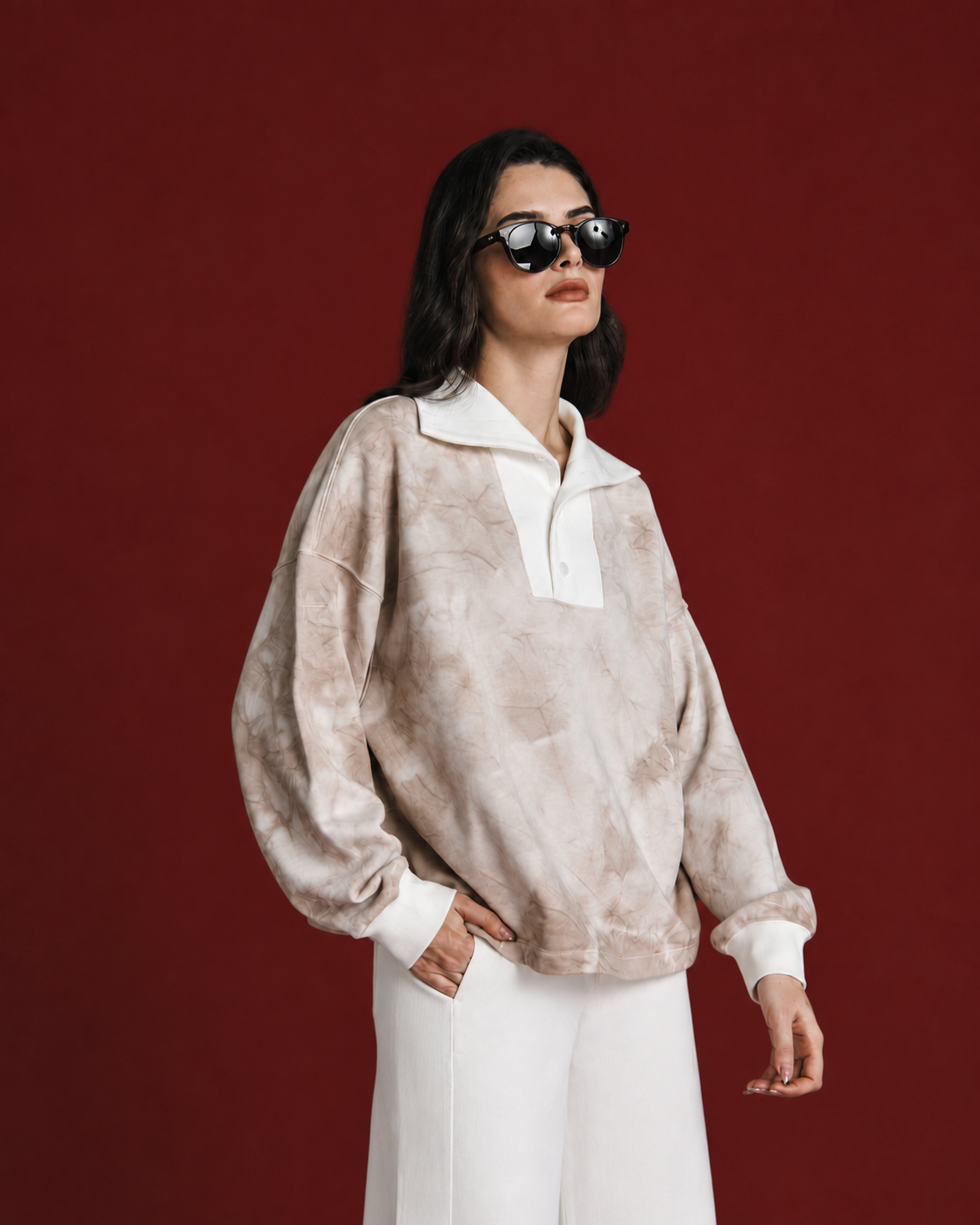 Mineral Dyed Wide Collar Pullover With Straight-Hem Red