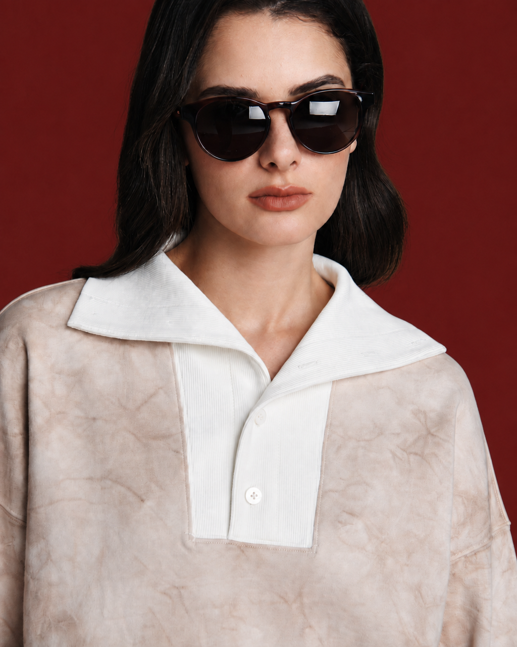 Mineral Dyed Wide Collar Pullover With Straight-Hem Red