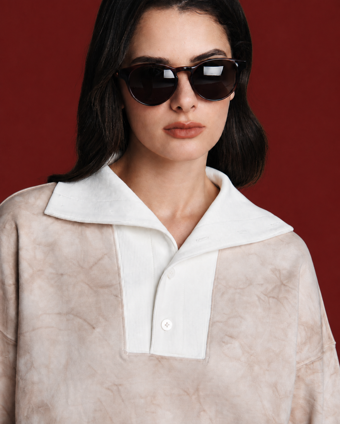 Mineral Dyed Wide Collar Pullover With Straight-Hem Red