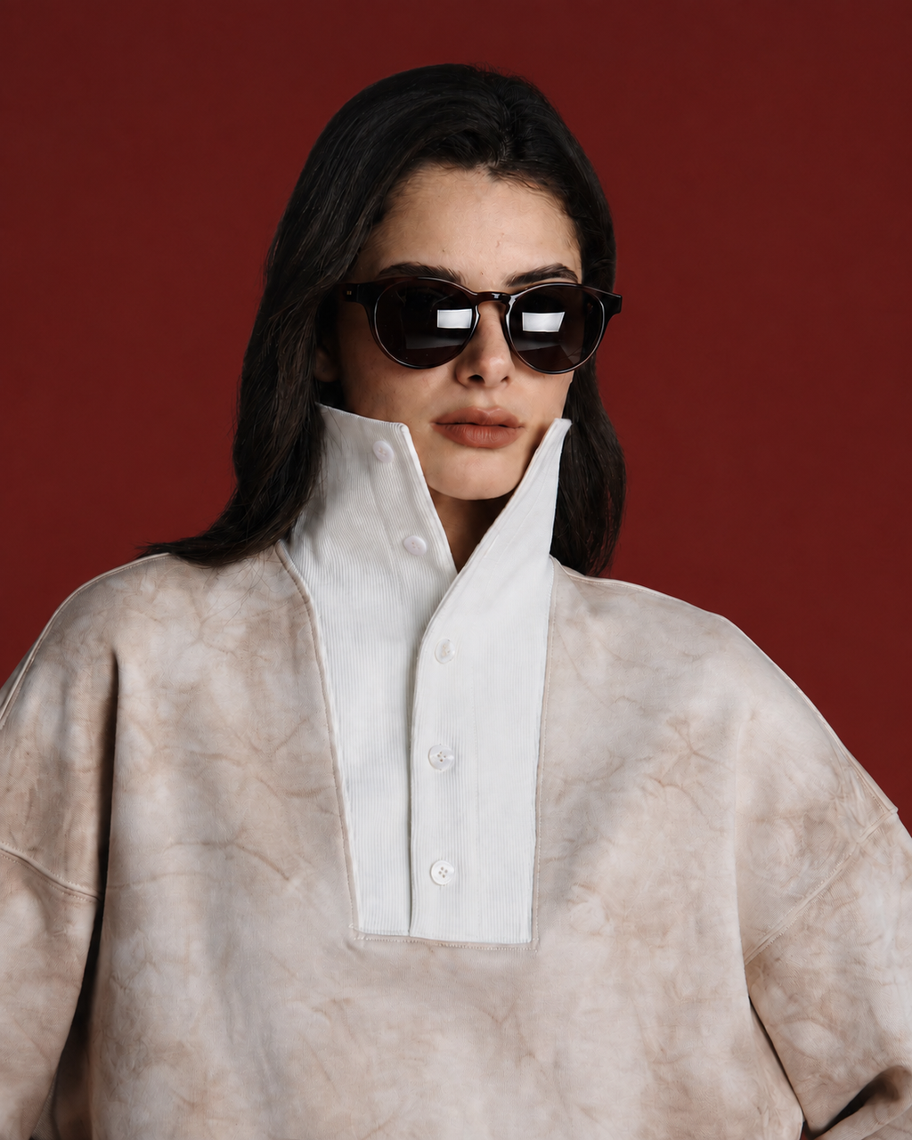 Mineral Dyed Wide Collar Pullover With Straight-Hem Red