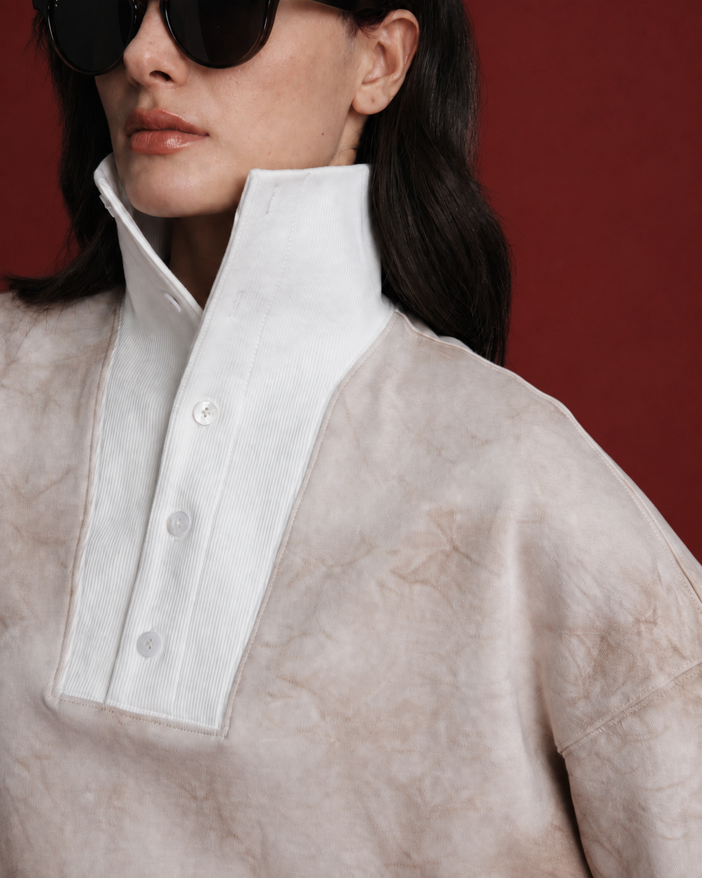 Mineral Dyed Wide Collar Pullover With Straight-Hem Red