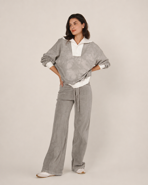 Mineral Dyed Wide Collar Pullover With Ribbed Hem Grey