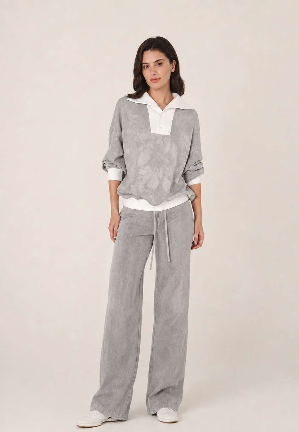 Mineral Dyed Wide Collar Pullover With Ribbed Hem Grey