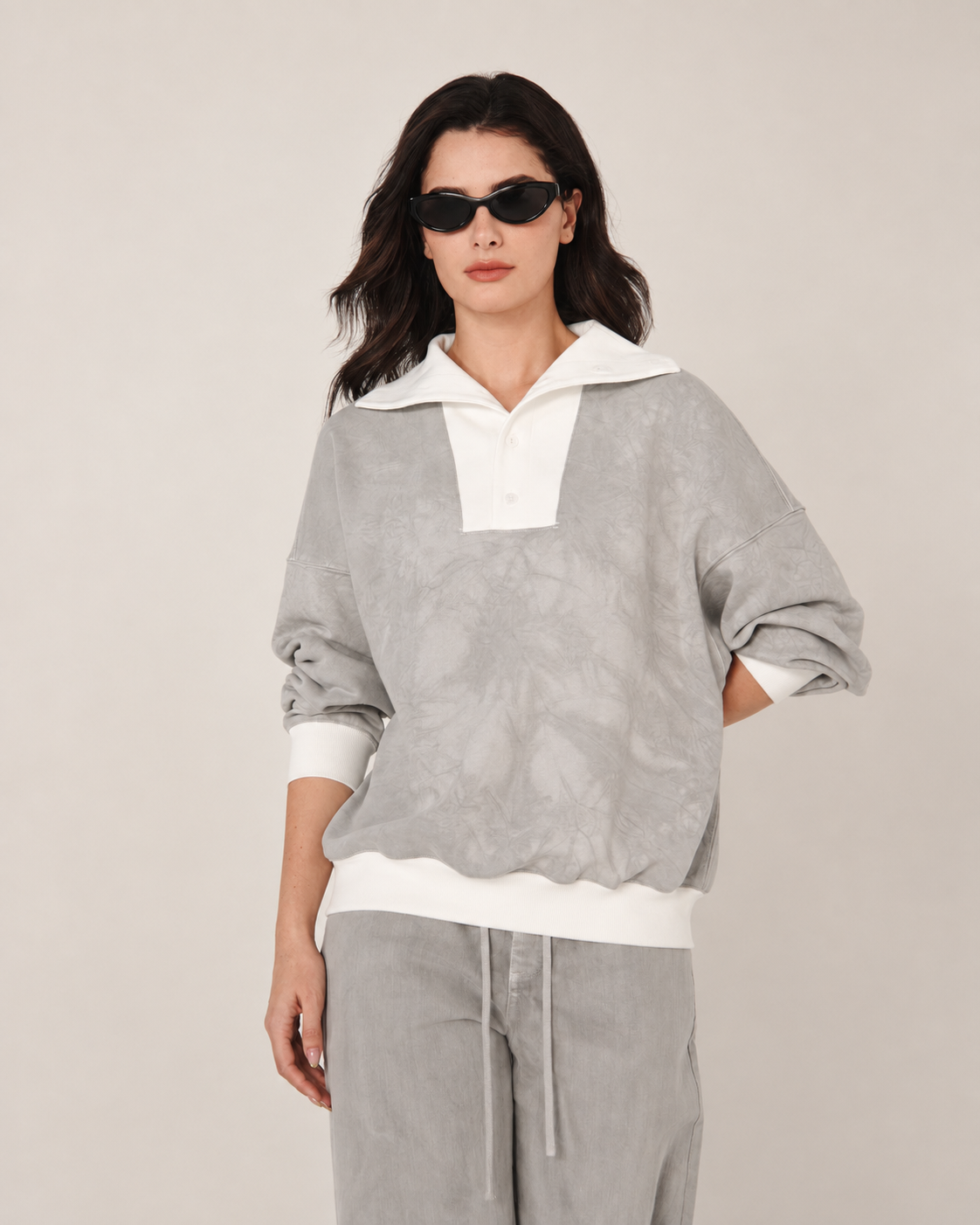 Mineral Dyed Wide Collar Pullover With Ribbed Hem Grey