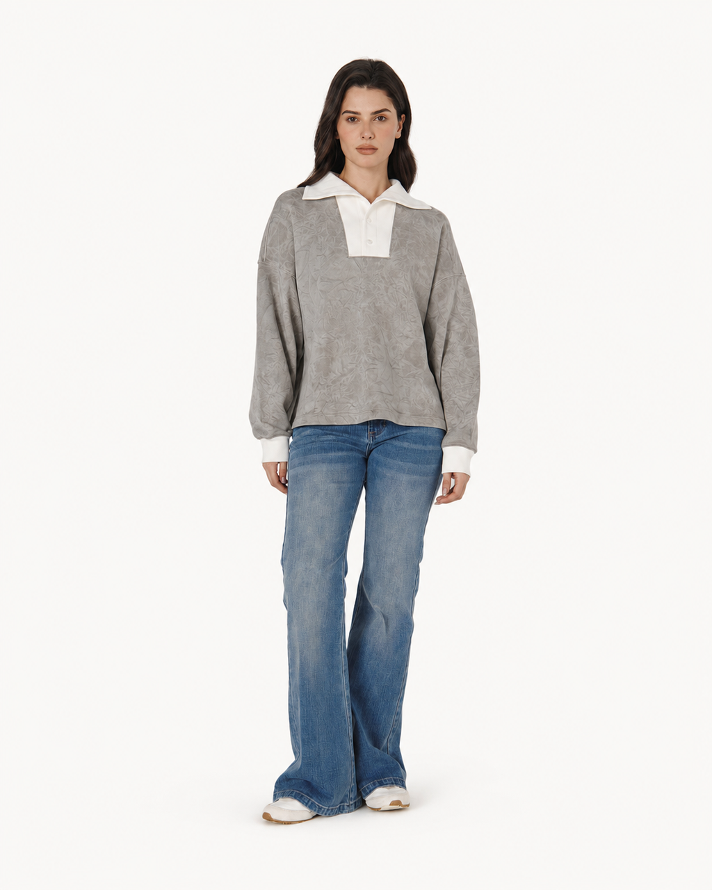 Mineral Dyed Wide Collar Pullover With Straight-Hem Grey