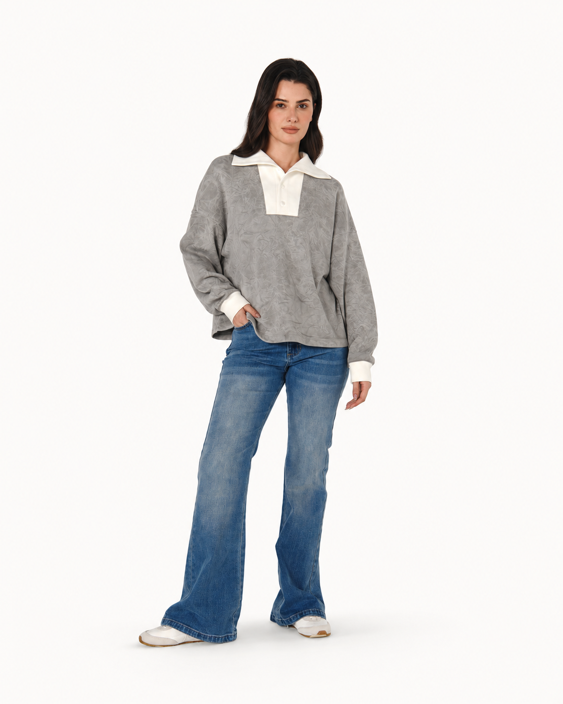 Mineral Dyed Wide Collar Pullover With Straight-Hem Grey
