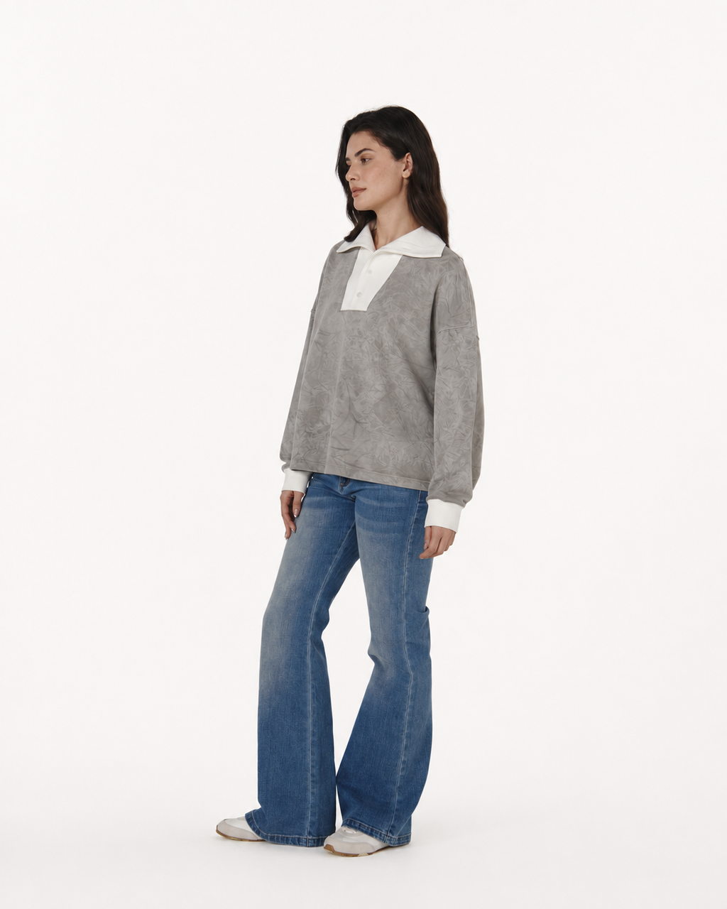 Mineral Dyed Wide Collar Pullover With Straight-Hem Grey