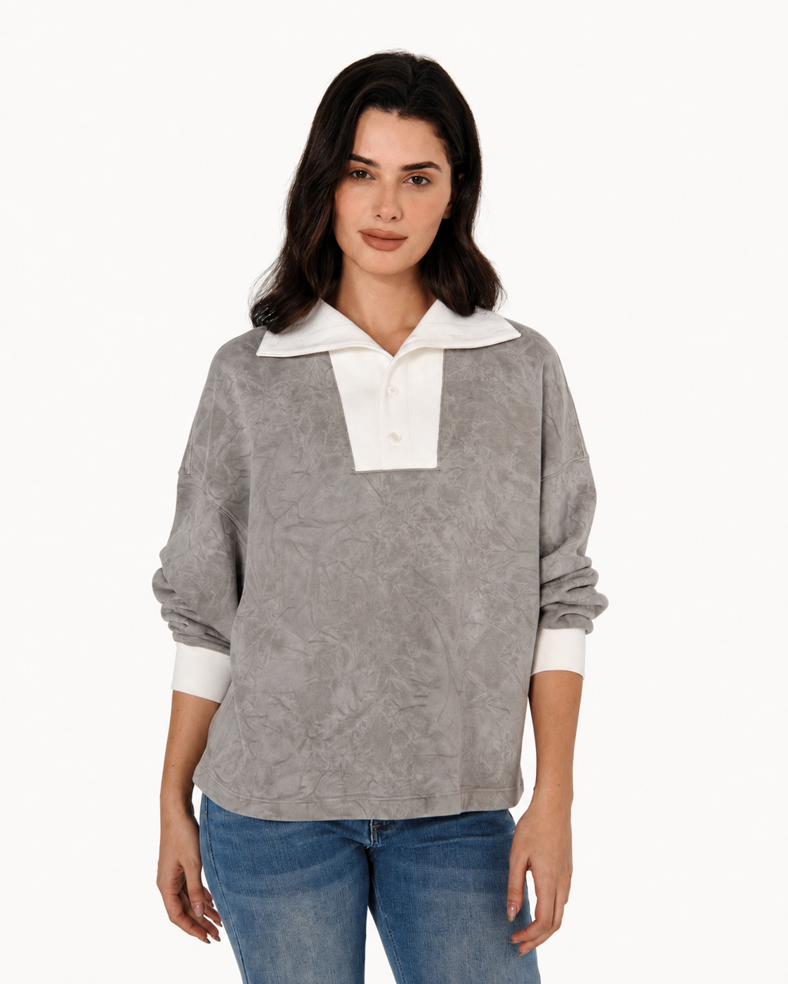 Mineral Dyed Wide Collar Pullover With Straight-Hem Grey