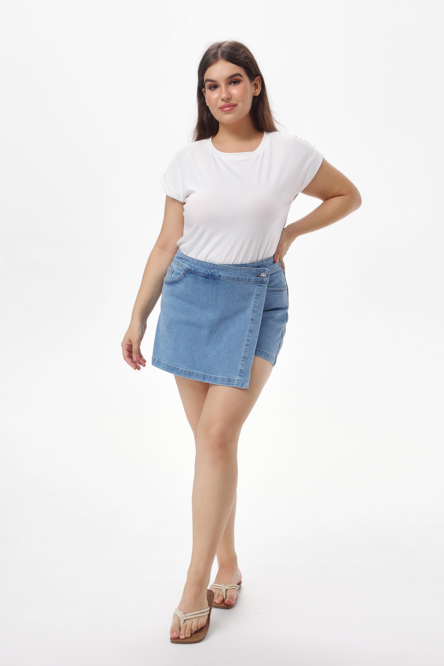 Women's High Waisted Denim Skort with Built-In Shorts, Wrap Front & Pockets