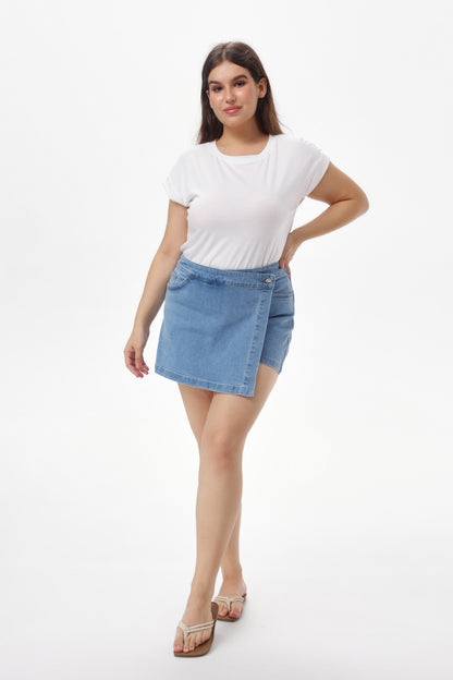 Women's High Waisted Denim Skort with Built-In Shorts, Wrap Front & Pockets