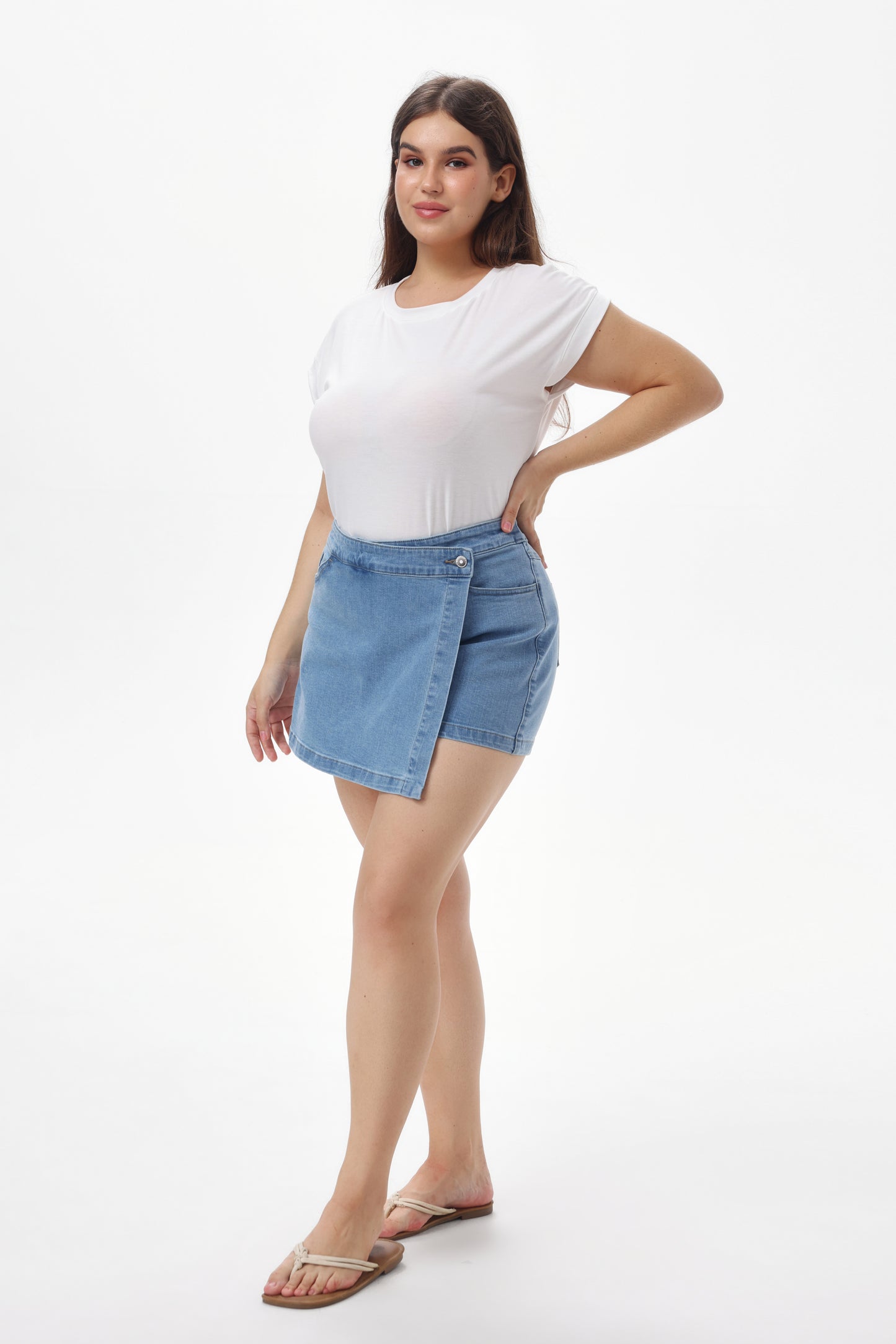 Women's High Waisted Denim Skort with Built-In Shorts, Wrap Front & Pockets
