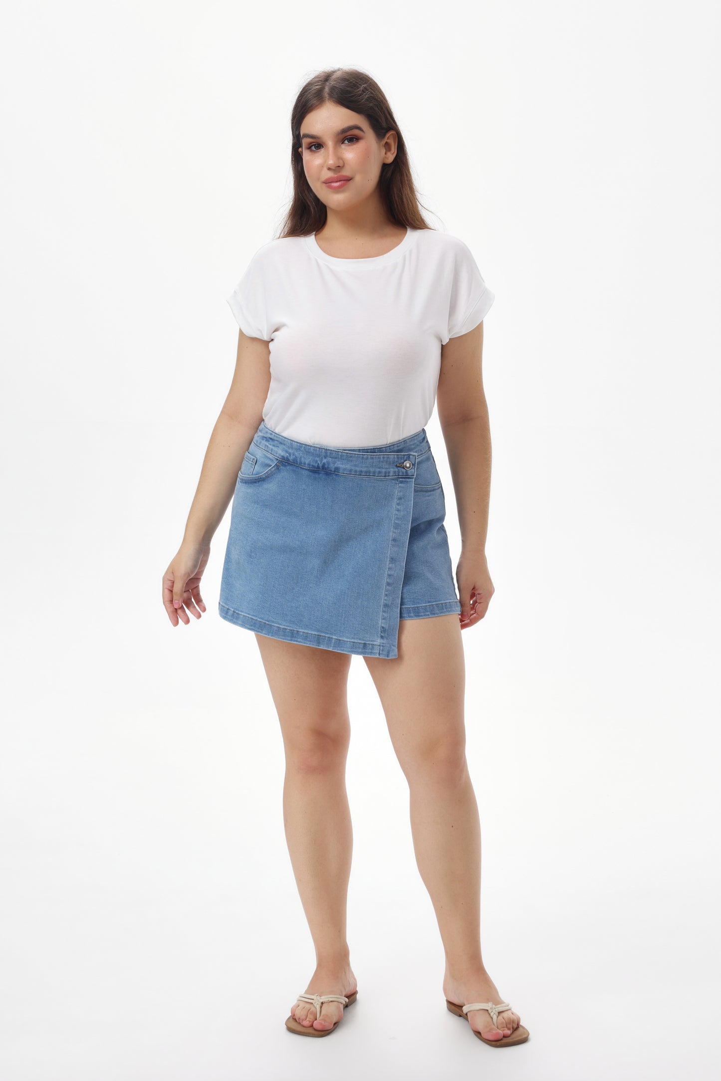 Women's High Waisted Denim Skort with Built-In Shorts, Wrap Front & Pockets