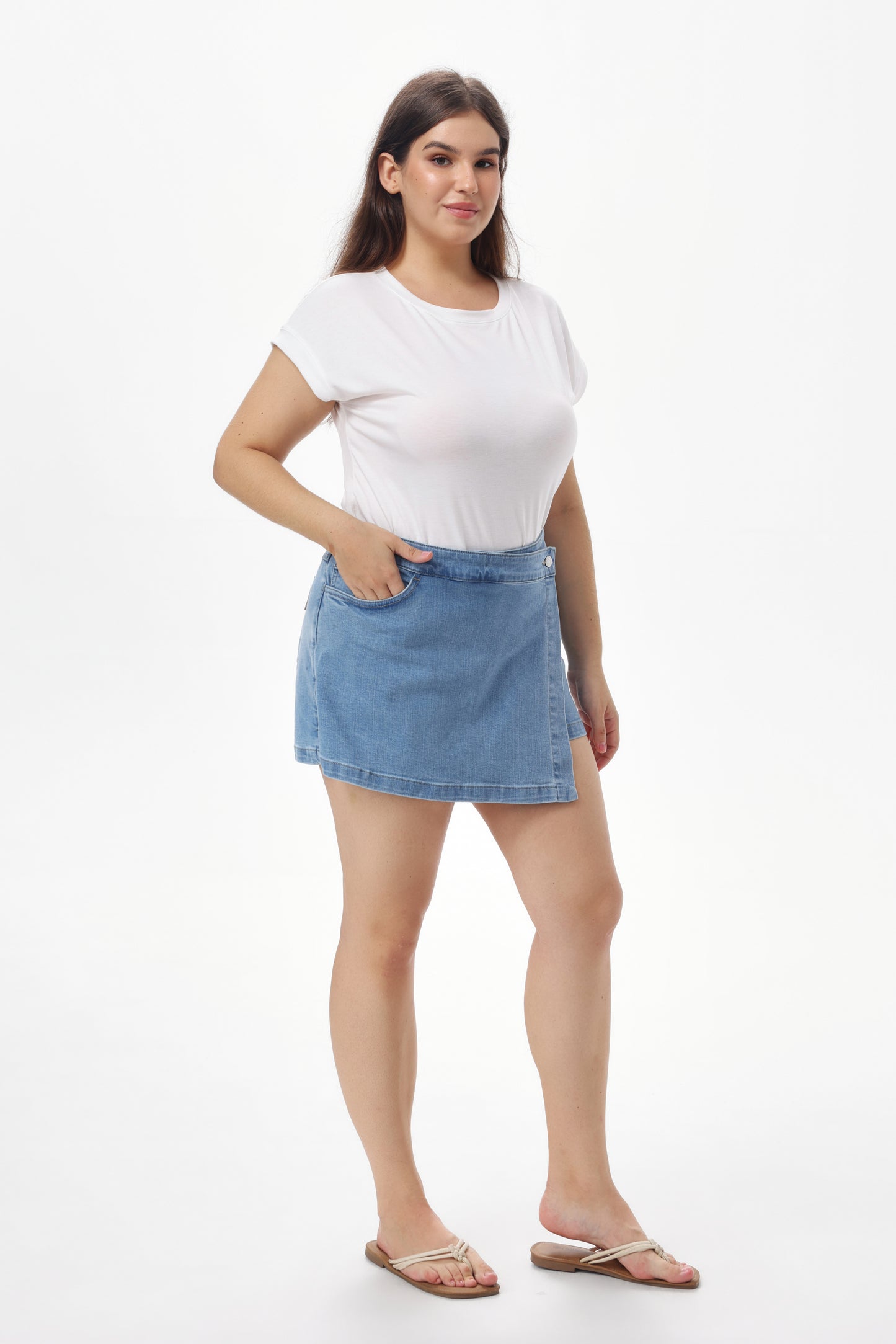 Women's High Waisted Denim Skort with Built-In Shorts, Wrap Front & Pockets