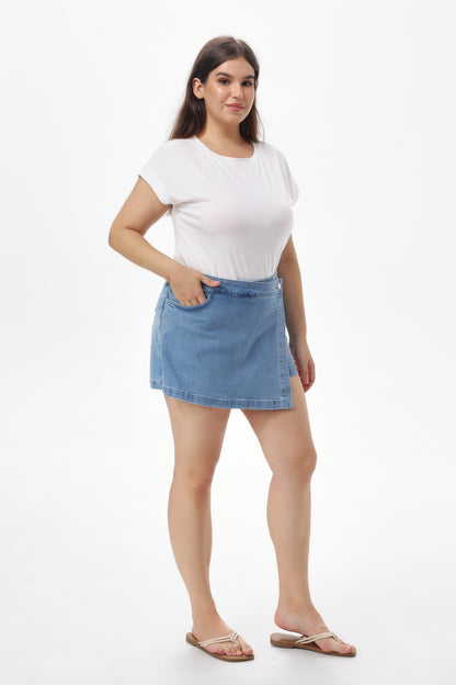Women's High Waisted Denim Skort with Built-In Shorts, Wrap Front & Pockets